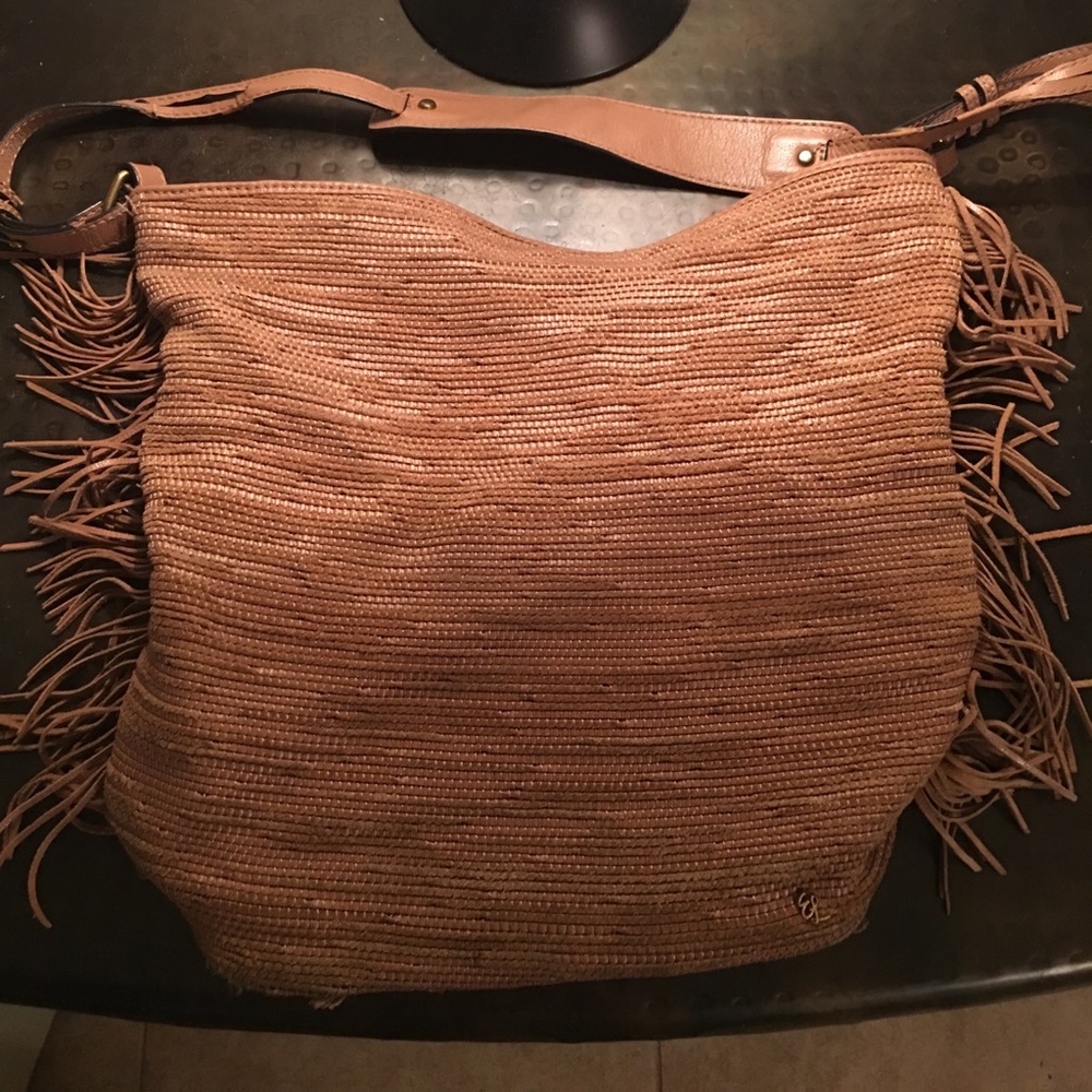 Tan leather fringe Elliott Lucca hobo purse